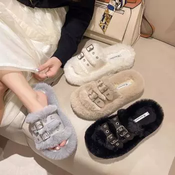 Плюшевые тапочки для женщин весной и осенью. Модные толстые подошвы с пряжкой для ремня для семейной одежды. Плюшевые тапочки 40 чёрный