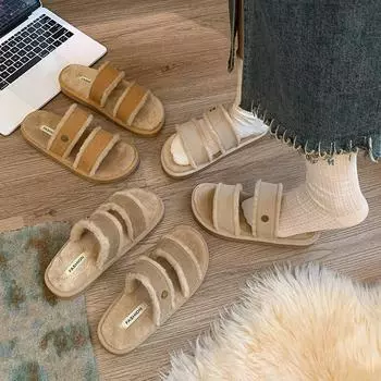 плюшевые тапочки на мягкой подошве женские новинка 2024 года зимние однотонные французские модные плюшевые тапочки с плоской подошвой 35 хаки