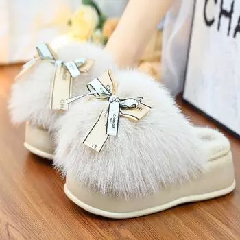 Плюшевые тапочки на высоком каблуке высотой 6 см. Женские туфли на плоской подошве на платформе с высоким каблуком. Дизайнерские пушистые туфли с бантом. 36-37 зелёный