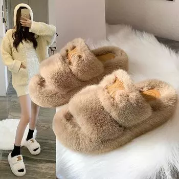 Плюшевые тапочки Осень и Зима Мода Теплые женские тапочки Домашние тапочки 35 белый