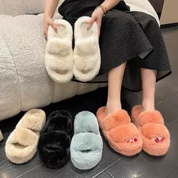 Плюшевые тапочки с толстой подошвой и универсальной шерстяной поверхностью 35 чёрный