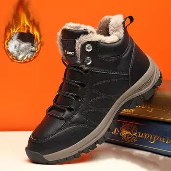 Плюшевые теплые мужские зимние ботинки, классические кожаные мужские ботинки, пара непромокаемых нескользящих ботильонов, уличная походная обувь на шнуровке 39 коричневый