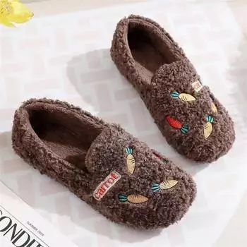 Плюшевые туфли на плоской подошве Fury Shoes для женщин, зимние теплые нескользящие туфли с мягкой подошвой из сои, повседневные туфли с мелкой подошвой 35 коричневый