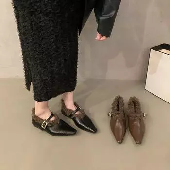 Плюшевые туфли на плоской подошве, женские, новые, осенне-зимние, теплые, хлопковые туфли в стиле ретро, одинарные туфли на мягкой подошве 35 чёрный