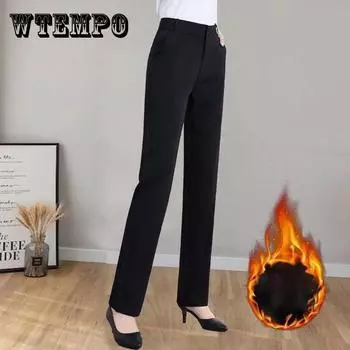 Плюшевые утепленные брюки с высокой талией, осенние и зимние рабочие брюки, прямые комбинезоны, деловые брюки, рабочие тонкие женские брюки XXXXL чёрный