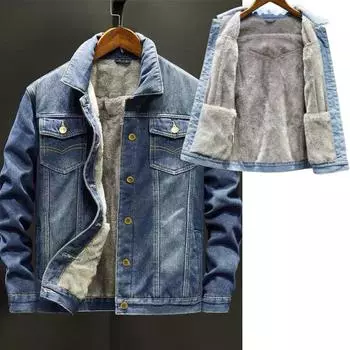 Плюшевые утолщенные джинсовые куртки мужские модные зимние повседневные однотонные классические свободные джинсовые пальто мужская брендовая одежда мужские куртки M светло-синий