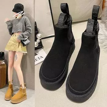 Плюшевые утолщенные зимние сапоги женские модели осень-зима дамы толстая подошва увеличивающая рост мода короткие сапоги челси хлопковая обувь сапоги 35 верблюд