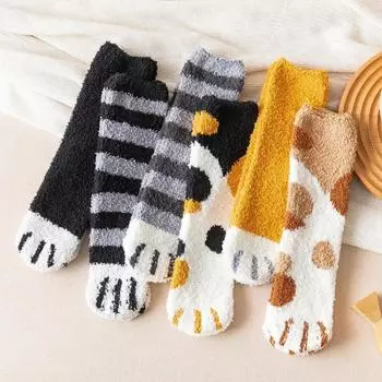 Плюшевые женские зимние носки-тапочки с милым рисунком в виде кошачьей лапки, супер мягкие для женщин, которые остаются дома, спят дома, зимние носки EUR 35-39