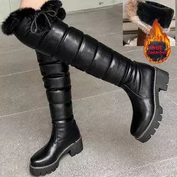 Плюшевые женские зимние сапоги, зимняя обувь, водонепроницаемая 2024, теплые толстые меховые сапоги выше колена, женские черные коричневые брендовые дождевые сапоги 34 чёрный