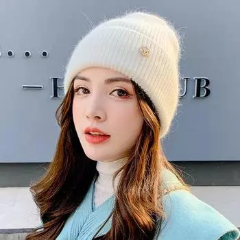 Плюшевые женские зимние шапки простые ветрозащитные утолщенные теплые вязаные шапки из меха кролика чистого цвета Skullies One size