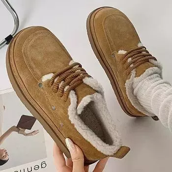 Плюшевые зимние ботинки женские зимние круглые утолщенные теплые туфли на плоской подошве для женщин толстая подошва нескользящие повседневные ботинки из хлопка на шнуровке 35 темно-коричневого