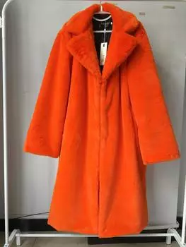 Плюшевые зимние пальто женские длинные лацканы искусственный мех куртка пушистая роскошная искусственный мех куртка Тедди женский искусственный натуральный мех пальто женские 2024 новинка в верхней одежде S оранжевый