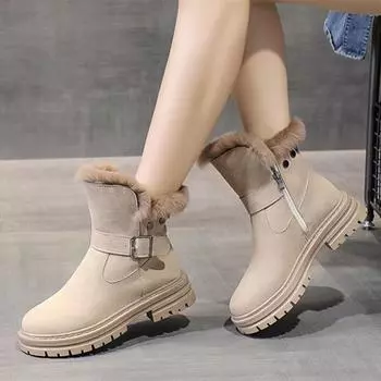Плюшевые зимние сапоги женские зимние утепленные сапоги из искусственной замши и хлопка для женщин нескользящие ботильоны с застежкой-молнией и пряжкой 35