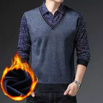 Плюшевый бархатный теплый повседневный искусственный двухсекционный вязаный свитер, осенне-зимняя мужская рубашка с длинными рукавами, модный тренд для папы M