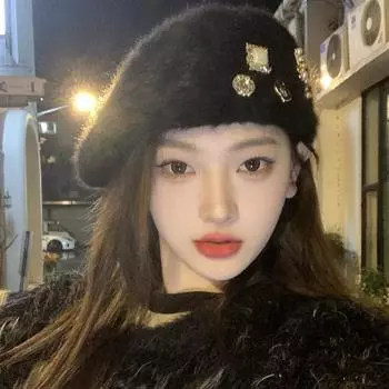 Плюшевый берет ручной работы со стразами, женская осенне-зимняя теплая универсальная шляпа-бутон, черная модная шляпа художника Average size (55-59cm)