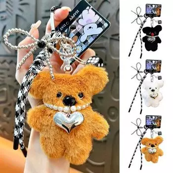 Плюшевый брелок для ключей в виде собаки, кукла с искусственным жемчугом, ожерелье в виде сердца, брелок для ключей, поделки своими руками, животные, автомобильные аксессуары чёрный