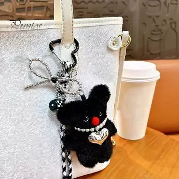 Плюшевый брелок для ключей в виде собаки, кукла с искусственным жемчугом, ожерелье в виде сердца, брелок для ключей, поделки своими руками, животные, автомобильные аксессуары чёрный