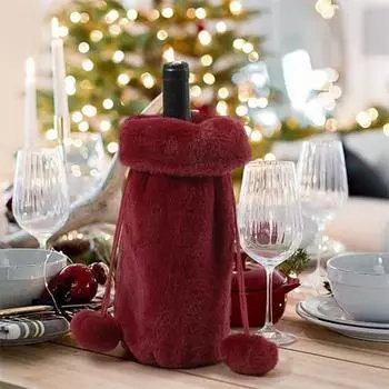 Плюшевый чехол для бутылки вина из искусственного меха с завязками на шнурке, моющийся чехол для бутылки вина с пушистым шариком для украшения рождественской вечеринки белый