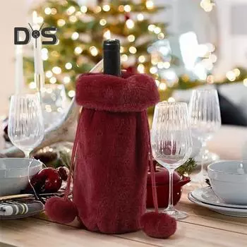 Плюшевый чехол для бутылки вина из искусственного меха с завязками на шнурке, моющийся чехол для бутылки вина с пушистым шариком для украшения рождественской вечеринки белый