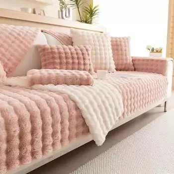 Плюшевый чехол для дивана с имитацией кроличьего меха, Нескользящий мягкий диван, полотенце, подушка для дивана, чехол на сиденье для гостиной, современный дом 70X70cm розовый