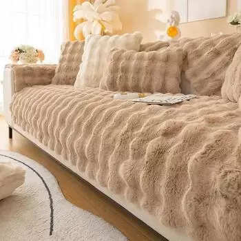 Плюшевый чехол для дивана с кроликом, зимние утепленные теплые плюшевые подушки, Нескользящая кожаная спинка дивана для гостиной, подлокотники, супер мягкие 70x70cm розовый