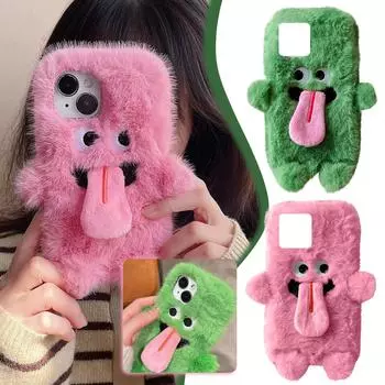 Плюшевый чехол для мобильного телефона с забавным торчащим языком, зимний теплый пушистый чехол для телефона, чехол для телефона с милыми рождественскими монстрами для IPhone15pro One Size зелёный