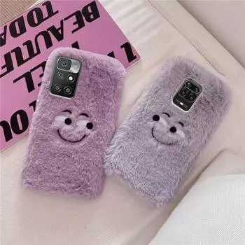 Плюшевый чехол с глазами и улыбающимся лицом для Samsung S23 S22 Ultra S20 Fe A14 A24 A34 A54 A13 A23 A33 A53/Redmi Note 11 10S 8 9 Pro 9A 9C 9T/iphone 14 13 12 11 for iPhone 8 7 серый