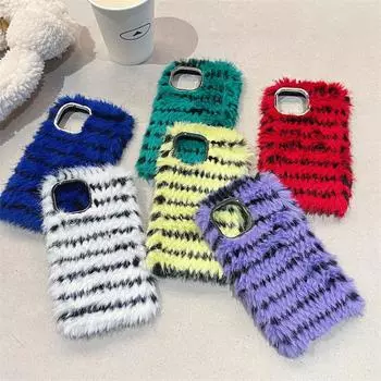 Плюшевый чехол в зимнюю полоску для iPhone 15, 14, 13, 12, 11 Pro Max XR XS Max 7 8Plus SE 2020, чехлы с защитой от падения iPhone 15 Pro Max белый