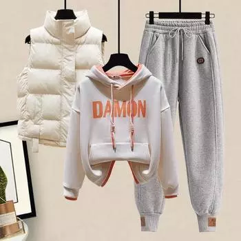 Плюшевый и Толстый Хлопковый Жилет с Капюшоном, Повседневные Спортивные Штаны, Модный Спортивный Комплект из 3 предметов для Студентки, Зимний Спортивный Костюм XXXL