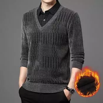 Плюшевый и утолщенный папин новый теплый зимний свитер для людей среднего и пожилого возраста, искусственная рубашка из двух частей с воротником-основой 4XL