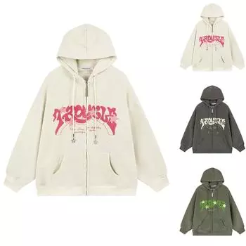 Плюшевый и утолщенный винтажный кардиган с капюшоном в американском стиле с вышивкой букв, свитер, свободная куртка с капюшоном для пары XL