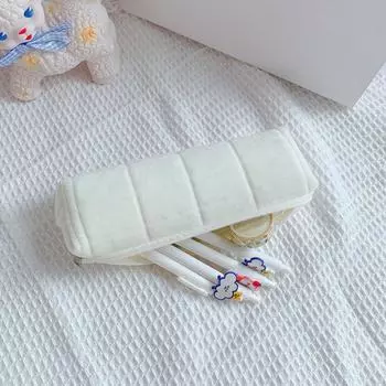 Плюшевый клетчатый пенал, портативный простой пенал на молнии, большая вместимость, коробка для хранения канцелярских принадлежностей, школьные принадлежности белый