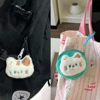 Плюшевый кошелек для монет в виде кота с голубыми глазами, милый женский кошелек на молнии, сумка для хранения наушников, брелок-подвеска brooch