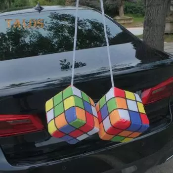 Плюшевый кубический автомобильный кулон с шнурком, винтажный подвесной декор для зеркала заднего вида, мягкий на ощупь, пушистый кубический декор для интерьера автомобиля разноцветный