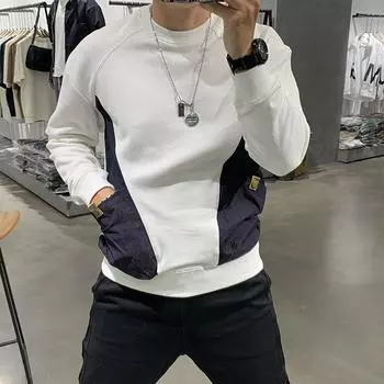 Плюшевый модный брендовый лоскутный карман мужской худи с длинными рукавами круглый вырез корейская версия топ модный L белый