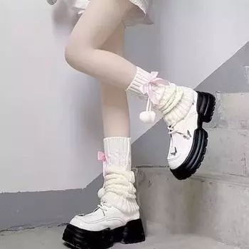 Плюшевый мяч Зимние чулки-трубы с бантом Y2K Гетры модные вязаные Лолита сапоги манжеты леди белый