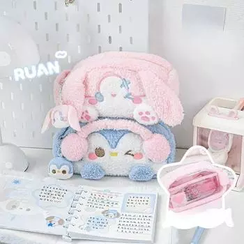 Плюшевый пенал большой емкости с видимым окном, сумка для хранения канцелярских принадлежностей, многофункциональная сумка для ручек, офисные школьные принадлежности