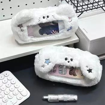 Плюшевый пенал, мягкий многофункциональный чехол для хранения канцелярских принадлежностей с видимым окном, большая вместительная сумка для ручек, студенческий подарок