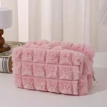 Плюшевый пенал с застежкой-молнией, женская косметичка, однотонный органайзер для макияжа для путешествий бежевый