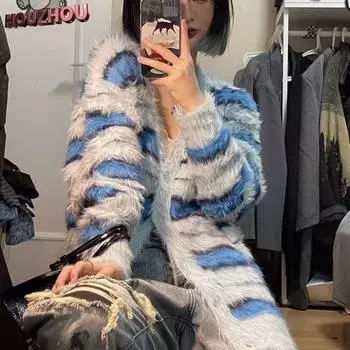 Плюшевый полосатый кардиган контрастного цвета, женский осенне-зимний уличный свободный жакет для отдыха, мягкий шикарный дизайн, вязаная куртка S синий
