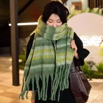 Плюшевый полосатый шерстяной шарф, цветная длинная шаль, классическая накидка, накидка для девочек розы красного