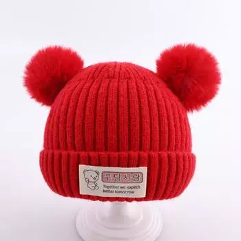 Плюшевый помпон Зимняя шапка Однотонные шапки-бини Новая детская теплая шапка Мальчики Девочки красный