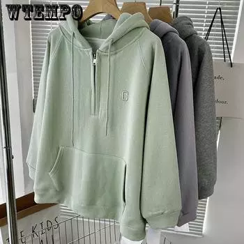 Плюшевый пуловер с капюшоном на половину молнии, женский осенне-зимний утолщенный флис с длинными рукавами, свободное пальто с карманами, топ M серый