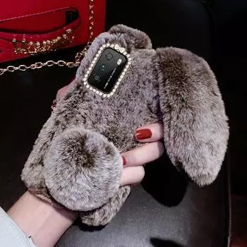 Плюшевый пушистый чехол с кроликом для Redmi A3 13C 12 12C 10 9 9A 9T Note 13 12 11 10 Pro Plus/Xiaomi 14 13 13T 12T Pro Poco X6 X5 X4 M6 Pro C65 for iPhone XS Max розовый