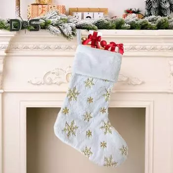 Плюшевый рождественский чулок с большими блестками и снежинками, многоразовый праздничный чулок с подвесным кольцом для украшения домашней вечеринки золотистый