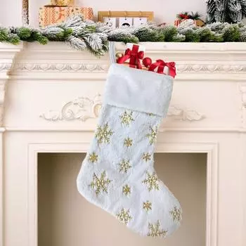 Плюшевый рождественский чулок с большими блестками и снежинками, многоразовый праздничный чулок с подвесным кольцом для украшения домашней вечеринки золотистый