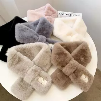 Плюшевый шарф Осень и зима Теплый модный универсальный шарф с крестиком Универсальный шарф с имитацией кроличьей шерсти Женский шарф чёрный