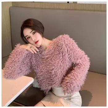 Плюшевый свитер Chic Hong Kong style женский осенне-зимний новый свободный корейский вариант темперамент короткий топ с длинными рукавами розовый S розовый