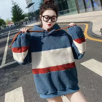 Плюшевый свитер из овечьей шерсти для женщин, осенне-зимний новый свободный и толстый утепленный топ с капюшоном S синий