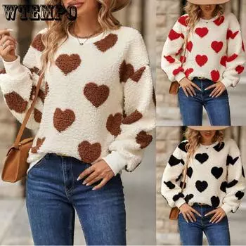 Плюшевый свитер с принтом «Любовь» для женщин, свободный свитер с длинными рукавами и круглым вырезом, толстовка с капюшоном на осень и зиму S